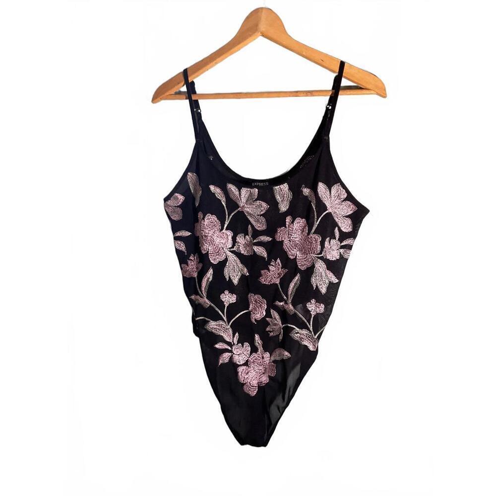 Express Black Floral Embroidered Women's Bodysuit Large